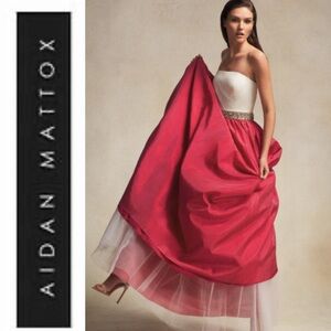 Aidan Mattox Evening Long Gown With Beaded Waist. Hot pink and cream top. Size 6